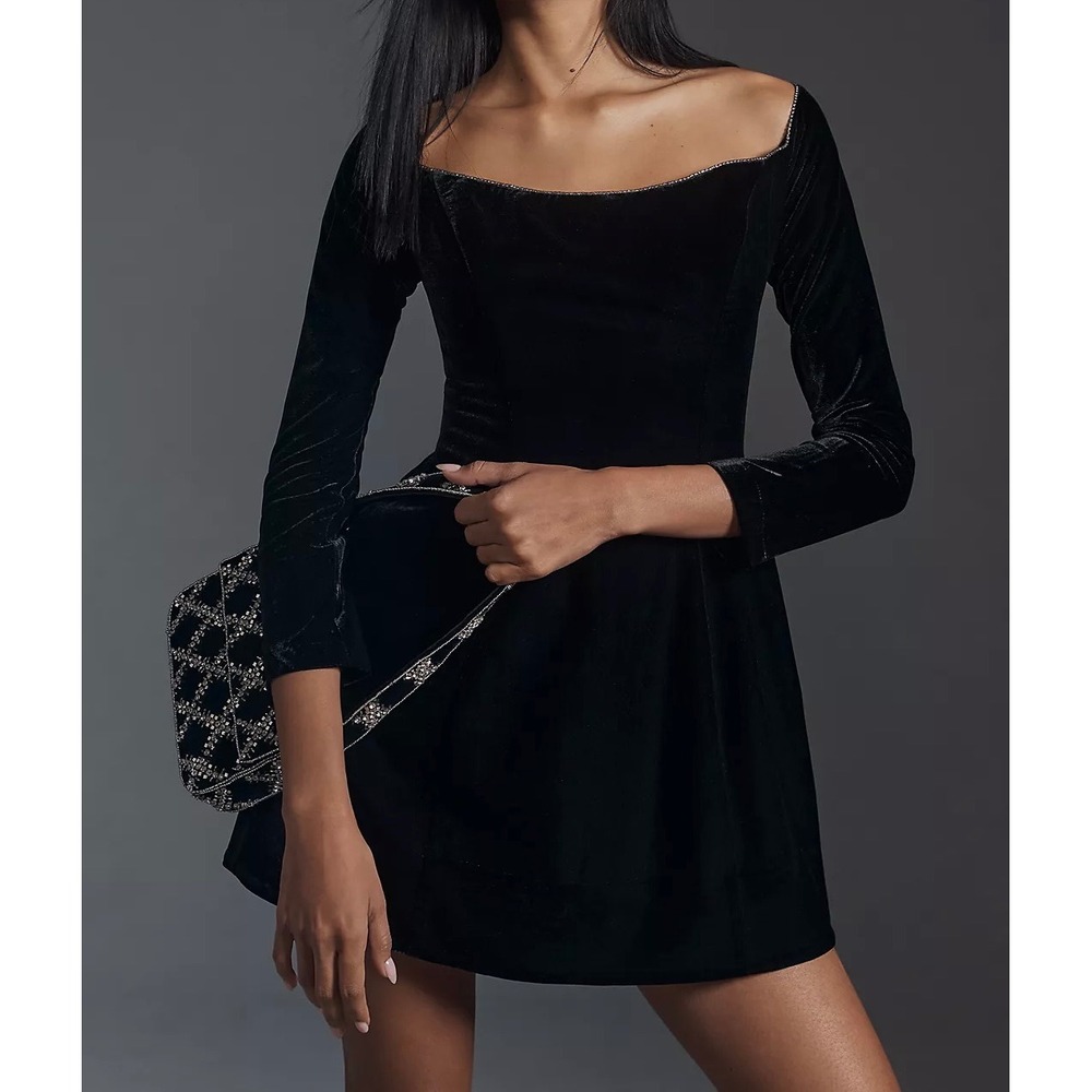 Bardot Womens Black Velvet Off The Shoulder Rhinestone Trim Mini Dress Size S